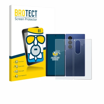 Parte frontal de un envase de producto con el logotipo de la marca BROTECT. Al lado se muestra el dispositivo Samsung Galaxy Z