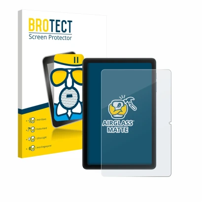 Parte frontal de un envase de producto con el logotipo de la marca BROTECT. Al lado se muestra el dispositivo Blackview Tab 20