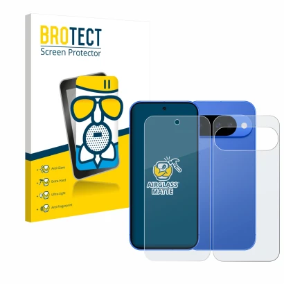 Parte frontal de un envase de producto con el logotipo de la marca BROTECT. Al lado se muestra el dispositivo Google Pixel 10 