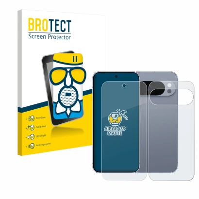 Parte frontal de un envase de producto con el logotipo de la marca BROTECT. Al lado se muestra el dispositivo Google Pixel 10 