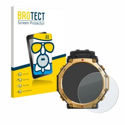 Parte frontal de un envase de producto con el logotipo de la marca BROTECT. Al lado se muestra el dispositivo Huami Amazfit T-