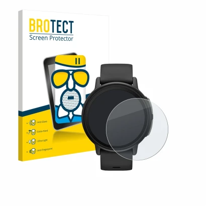 Parte frontal de un envase de producto con el logotipo de la marca BROTECT. Al lado se muestra el dispositivo Garmin Bounce 2 