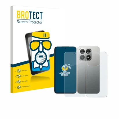 Parte frontal de un envase de producto con el logotipo de la marca BROTECT. Al lado se muestra el dispositivo Xiaomi 15T (Fron