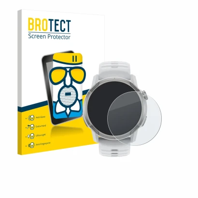 Parte frontal de un envase de producto con el logotipo de la marca BROTECT. Al lado se muestra el dispositivo Coros Apex 4 (46