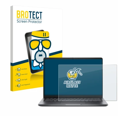 Parte frontal de un envase de producto con el logotipo de la marca BROTECT. Al lado se muestra el dispositivo Dell Pro 14 PC14