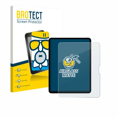 Parte frontal de un envase de producto con el logotipo de la marca BROTECT. Al lado se muestra el dispositivo Apple iPad Pro 1