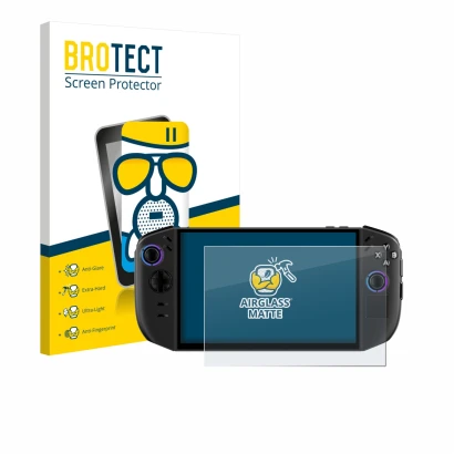 Parte frontal de un envase de producto con el logotipo de la marca BROTECT. Al lado se muestra el dispositivo Lenovo Legion Go