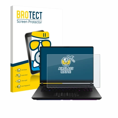 Parte frontal de un envase de producto con el logotipo de la marca BROTECT. Al lado se muestra el dispositivo ASUS ROG Strix S