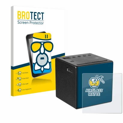 Parte frontal de un envase de producto con el logotipo de la marca BROTECT. Al lado se muestra el dispositivo Sony ICF-C1 con 