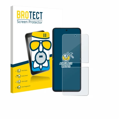 Parte frontal de un envase de producto con el logotipo de la marca BROTECT. Al lado se muestra el dispositivo Honor Magic V Fl