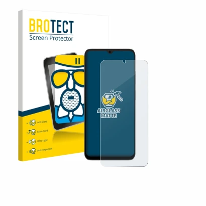 Parte frontal de un envase de producto con el logotipo de la marca BROTECT. Al lado se muestra el dispositivo Doogee Note 56X 