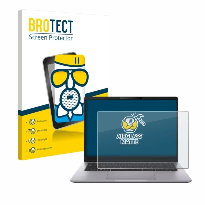 Parte frontal de un envase de producto con el logotipo de la marca BROTECT. Al lado se muestra el dispositivo ASUS ExpertBook 