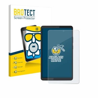 Parte frontal de un envase de producto con el logotipo de la marca BROTECT. Al lado se muestra el dispositivo Lenovo Tab K9 co