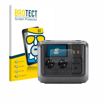 Parte frontal de un envase de producto con el logotipo de la marca BROTECT. Al lado se muestra el dispositivo DJI Power 500 co