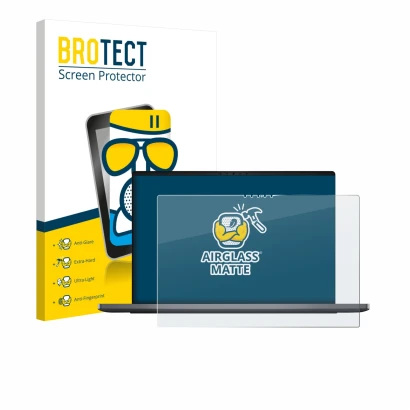 Parte frontal de un envase de producto con el logotipo de la marca BROTECT. Al lado se muestra el dispositivo Dell XPS 14 DA14