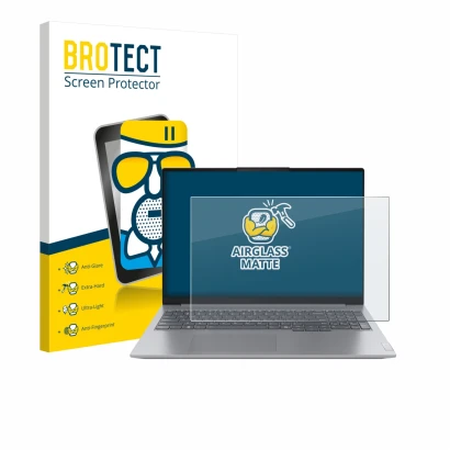 Parte frontal de un envase de producto con el logotipo de la marca BROTECT. Al lado se muestra el dispositivo Lenovo ThinkBook