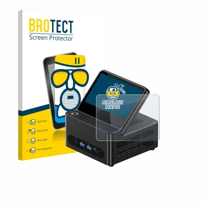 Parte frontal de un envase de producto con el logotipo de la marca BROTECT. Al lado se muestra el dispositivo AOOSTAR ‎G-FLIP 