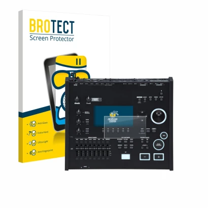 Parte frontal de un envase de producto con el logotipo de la marca BROTECT. Al lado se muestra el dispositivo Roland V71 con s