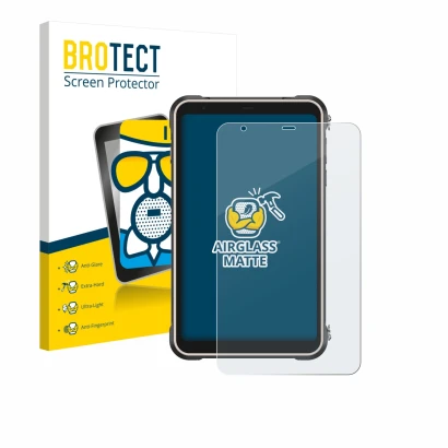 Parte frontal de un envase de producto con el logotipo de la marca BROTECT. Al lado se muestra el dispositivo Ulefone RugKing 