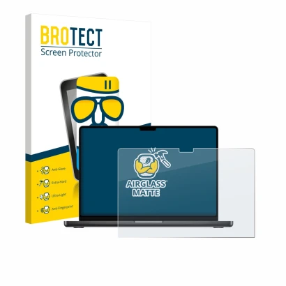 Parte frontal de un envase de producto con el logotipo de la marca BROTECT. Al lado se muestra el dispositivo Apple MacBook Pr
