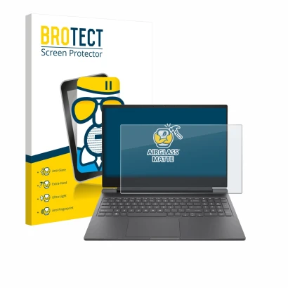 Parte frontal de un envase de producto con el logotipo de la marca BROTECT. Al lado se muestra el dispositivo HP Victus 16-r00