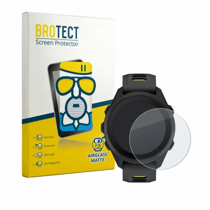 Parte frontal de un envase de producto con el logotipo de la marca BROTECT. Al lado se muestra el dispositivo Garmin Forerunne