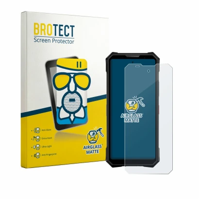 Parte frontal de un envase de producto con el logotipo de la marca BROTECT. Al lado se muestra el dispositivo Doogee V50 Pro c