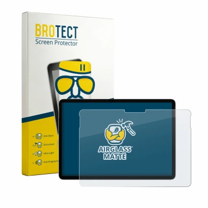 Parte frontal de un envase de producto con el logotipo de la marca BROTECT. Al lado se muestra el dispositivo Microsoft Surfac