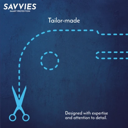 Borde de corte insinuado de un protector de pantalla con el encabezado “A medida”