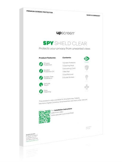 Parte trasera de un envase de producto con el logotipo de la marca upscreen