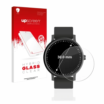 Parte frontal de un envase de producto con el logotipo de la marca upscreen. Al lado se muestra el dispositivo Relojes (Circul