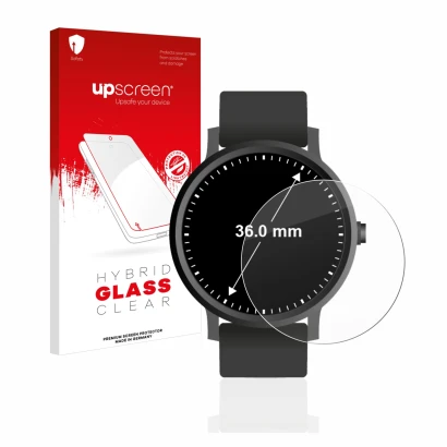 Parte frontal de un envase de producto con el logotipo de la marca upscreen. Al lado se muestra el dispositivo Relojes (Circul