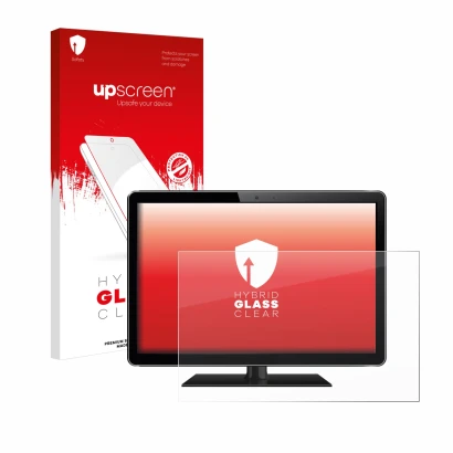 Parte frontal de un envase de producto con el logotipo de la marca upscreen. Al lado se muestra el dispositivo con su protecto