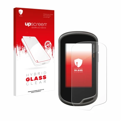 Parte frontal de un envase de producto con el logotipo de la marca upscreen. Al lado se muestra el dispositivo Garmin Oregon 6