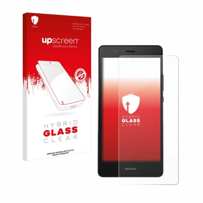 Parte frontal de un envase de producto con el logotipo de la marca upscreen. Al lado se muestra el dispositivo Huawei P9 con s
