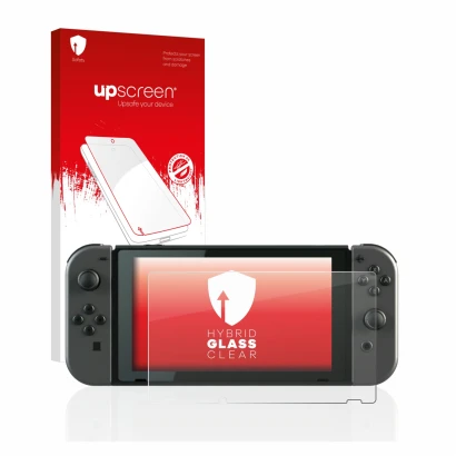 Parte frontal de un envase de producto con el logotipo de la marca upscreen. Al lado se muestra el dispositivo Nintendo Switch