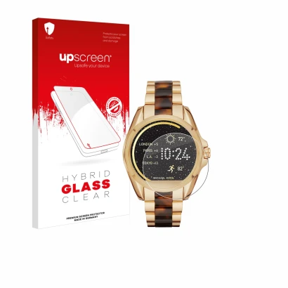 Parte frontal de un envase de producto con el logotipo de la marca upscreen. Al lado se muestra el dispositivo Michael Kors Ac