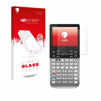Parte frontal de un envase de producto con el logotipo de la marca upscreen. Al lado se muestra el dispositivo HP Prime con su