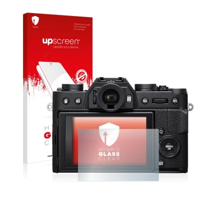 Parte frontal de un envase de producto con el logotipo de la marca upscreen. Al lado se muestra el dispositivo Fujifilm X-T20 