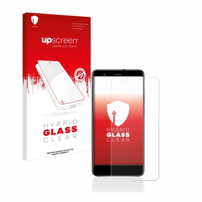 Parte frontal de un envase de producto con el logotipo de la marca upscreen. Al lado se muestra el dispositivo Huawei P10 Lite
