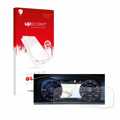 Parte frontal de un envase de producto con el logotipo de la marca upscreen. Al lado se muestra el dispositivo Volkswagen Golf