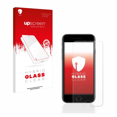 Parte frontal de un envase de producto con el logotipo de la marca upscreen. Al lado se muestra el dispositivo Apple iPhone 8 