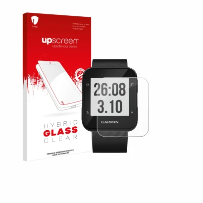 Parte frontal de un envase de producto con el logotipo de la marca upscreen. Al lado se muestra el dispositivo Garmin Forerunn