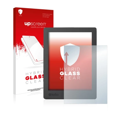 Parte frontal de un envase de producto con el logotipo de la marca upscreen. Al lado se muestra el dispositivo Kobo Aura H2O E