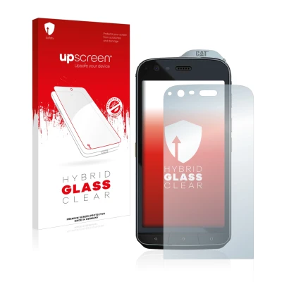 Parte frontal de un envase de producto con el logotipo de la marca upscreen. Al lado se muestra el dispositivo Caterpillar Cat