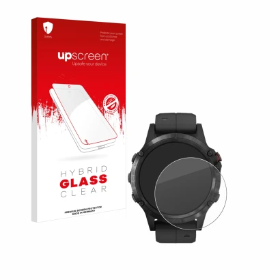 Parte frontal de un envase de producto con el logotipo de la marca upscreen. Al lado se muestra el dispositivo Garmin Fenix 5 