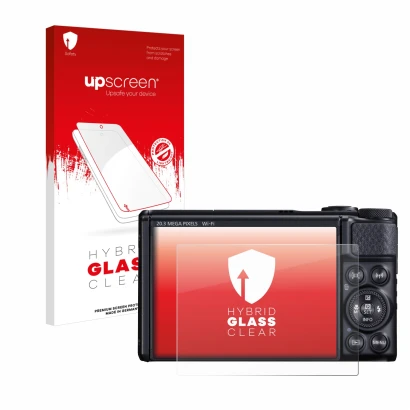 Parte frontal de un envase de producto con el logotipo de la marca upscreen. Al lado se muestra el dispositivo Canon PowerShot