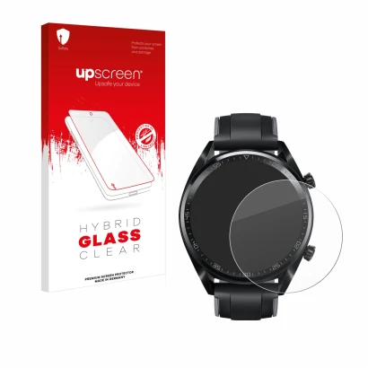 Parte frontal de un envase de producto con el logotipo de la marca upscreen. Al lado se muestra el dispositivo Huawei Watch GT