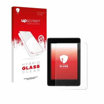 Parte frontal de un envase de producto con el logotipo de la marca upscreen. Al lado se muestra el dispositivo Amazon Kindle P