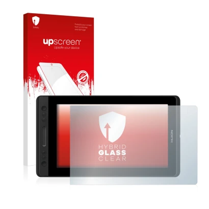 Parte frontal de un envase de producto con el logotipo de la marca upscreen. Al lado se muestra el dispositivo Huion Kamvas Pr